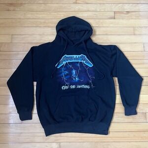 Metallica Ride the Lightning Black Graphic Hoodie Mens Large Rock Band Pullover
